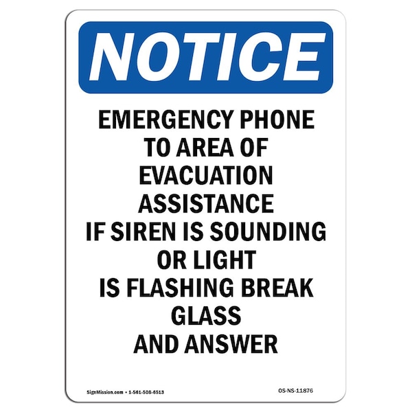Sign, 5" H, Emergency Phone To Area Of Evacuation Sign, Portrait, NS-D-35-V-11876-10PK